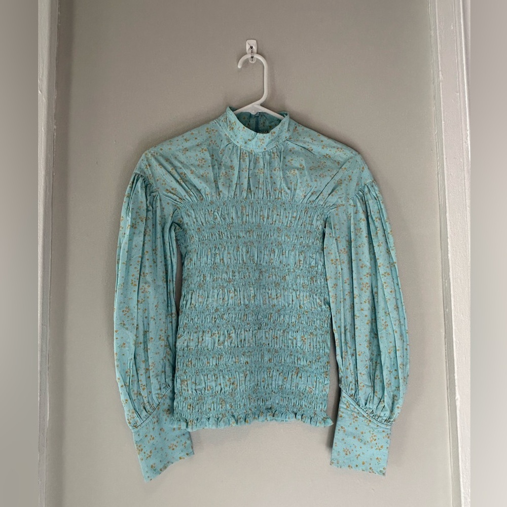 Ganni Floral Smocked Long Sleeve Blouse